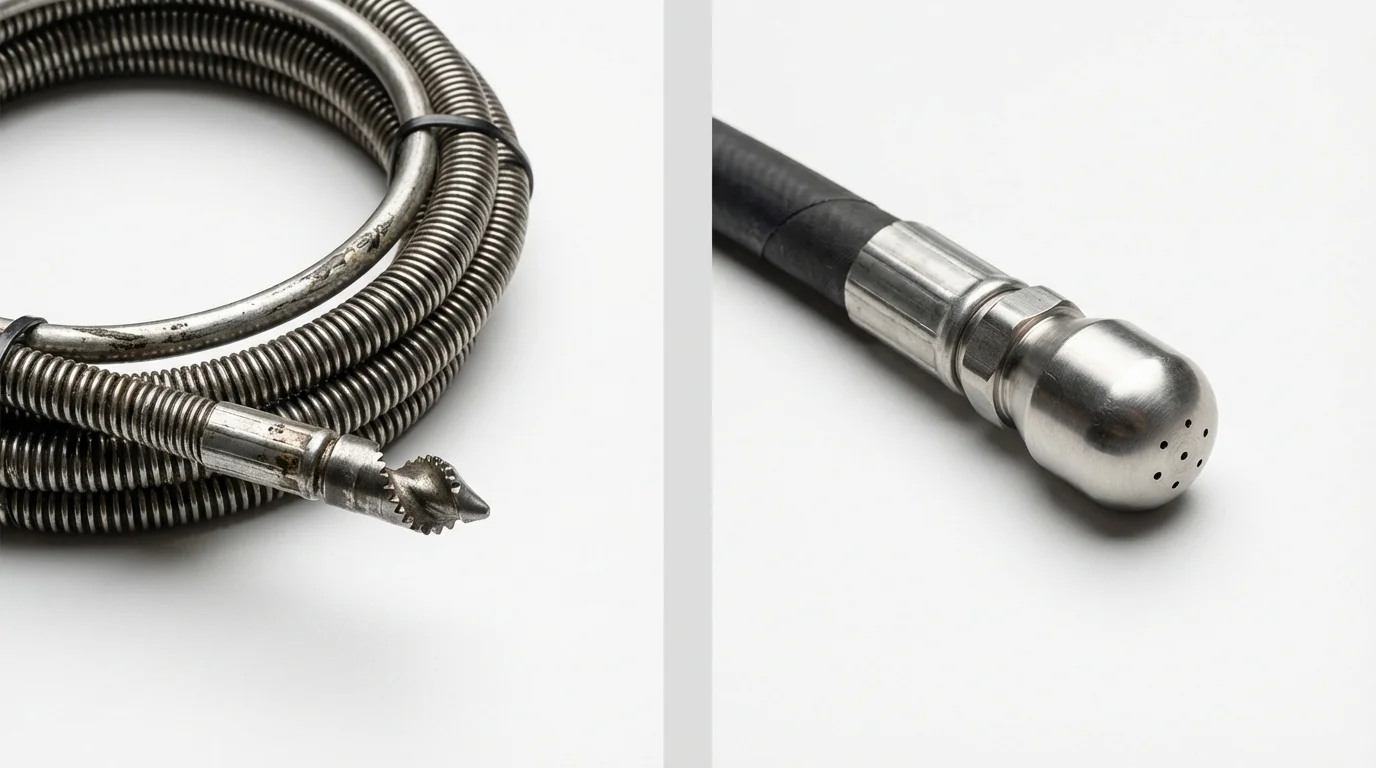 Drain snake cable and hydro jetting nozzle used for drain cleaning in Milan, IN
