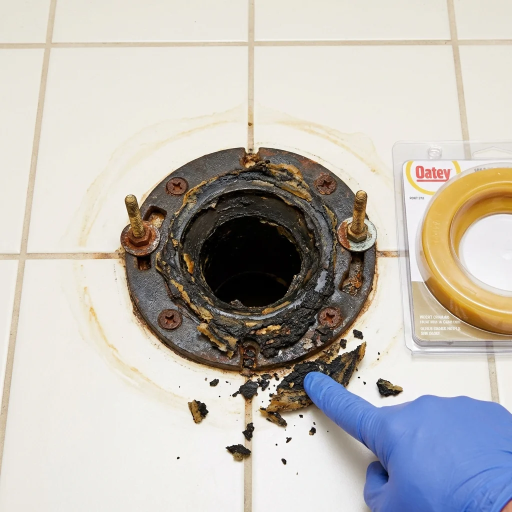 Failed wax ring showing water seepage at the base of a toilet in a Milan, IN home