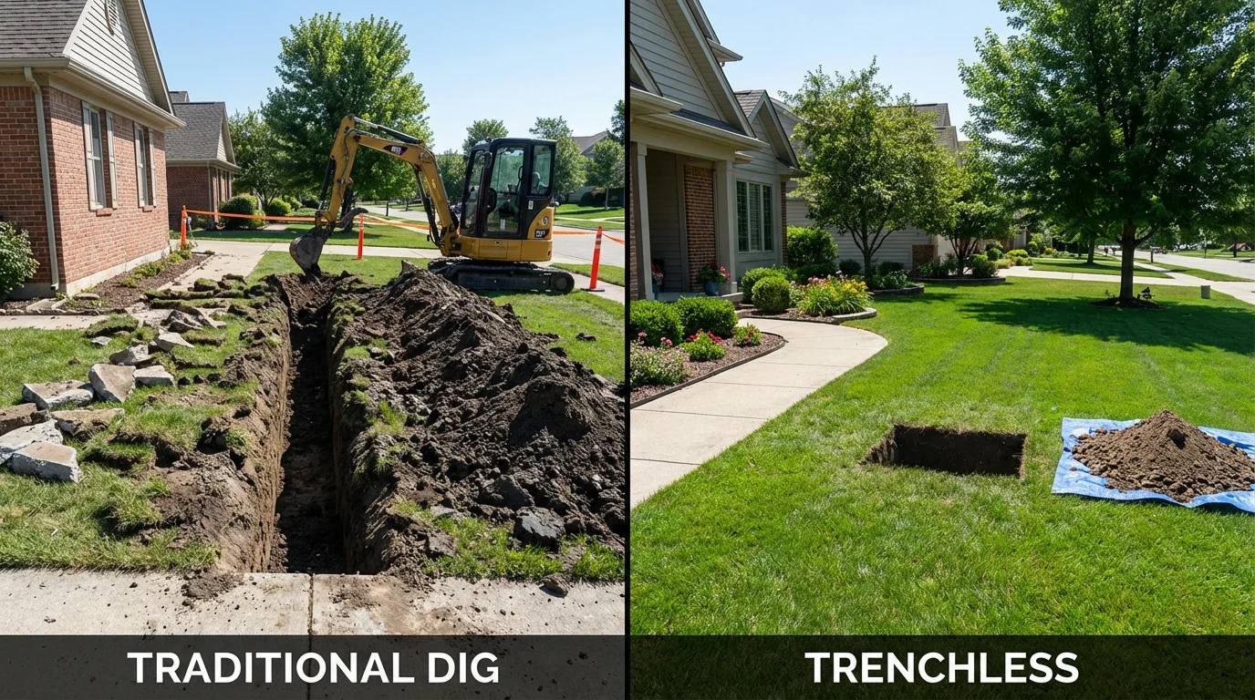 Trenchless sewer repair with minimal yard damage versus traditional excavation in Milan, IN