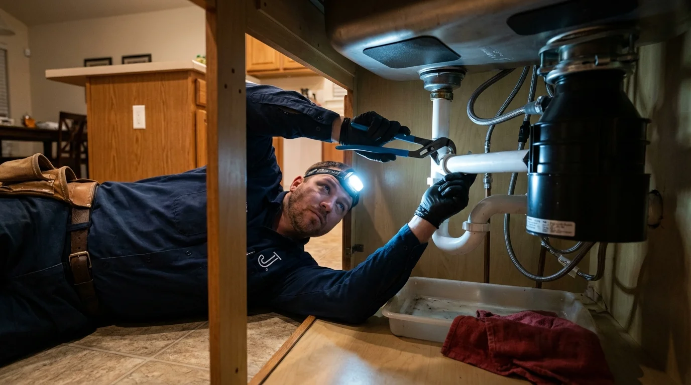 P-trap and supply line connections under a kitchen sink showing a common leak point in Milan, IN